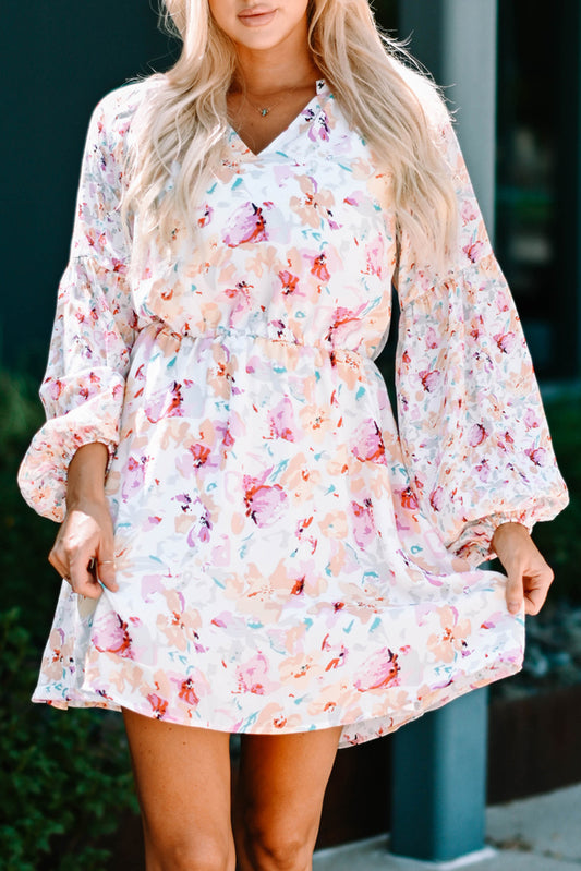 V Neck Bubble Sleeves Floral Dress