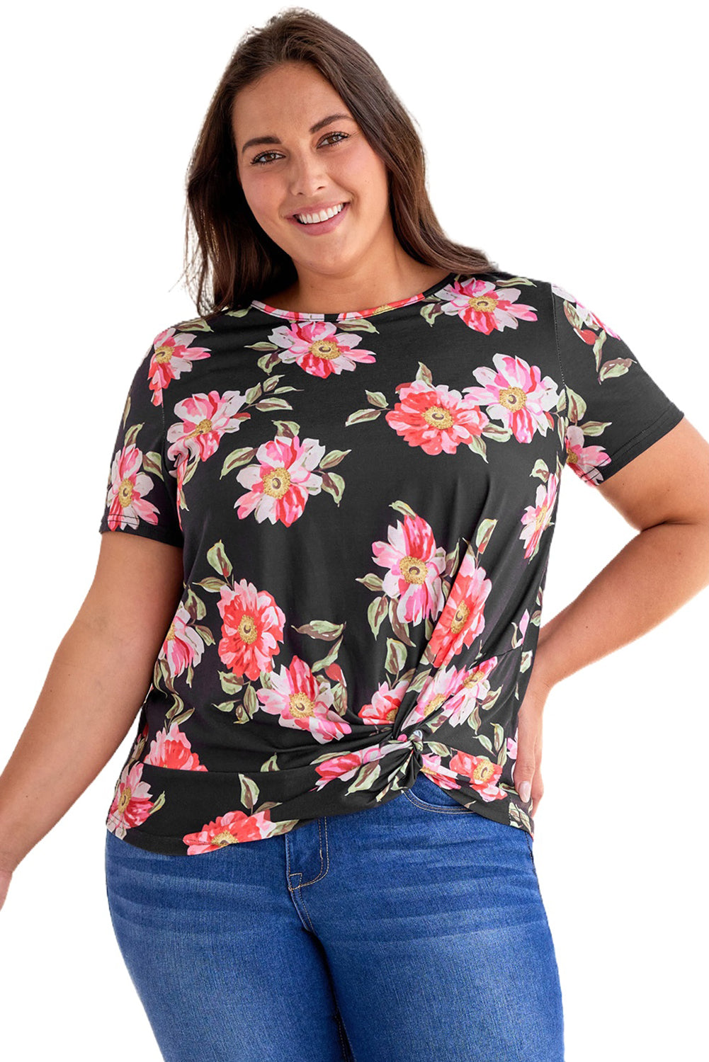 Plus Size Floral Print Twist Knot Top