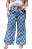 Dusk Blue Plus Size Checkered Seamed High Waist Wide Leg Jeans