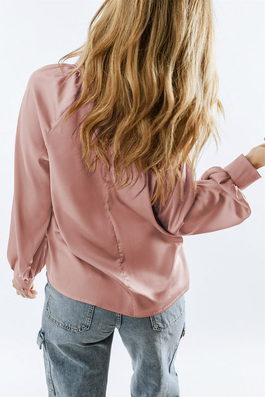 Twist High Neck Puff Sleeve Satin Blouse