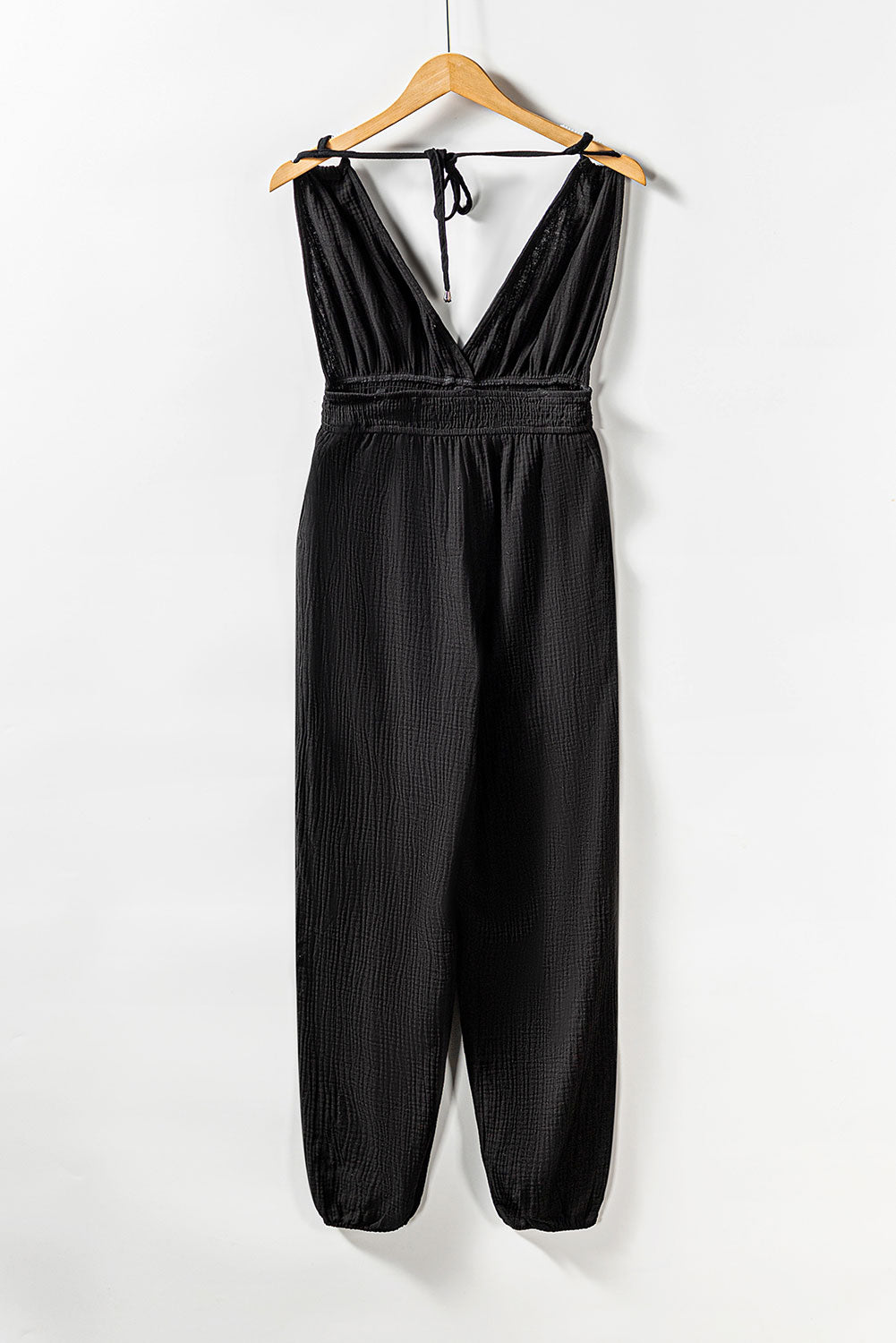 V Neck Knotted Shoulder Backless Pocket Jumpsuit