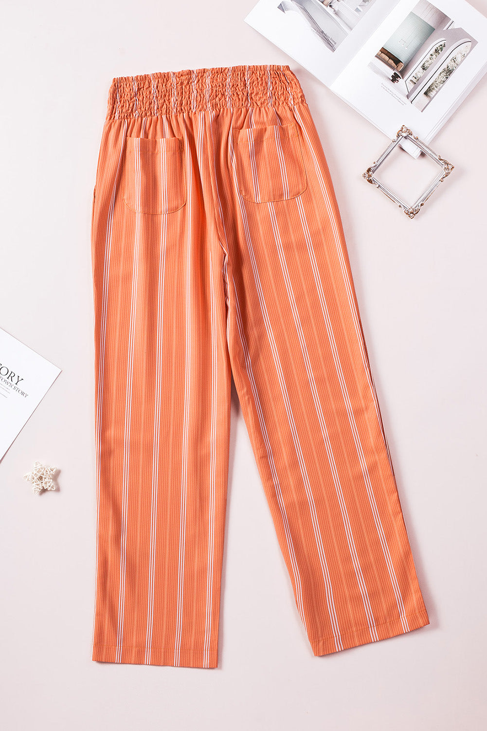 Orange Striped Shirred High Waist Straight Leg Pants