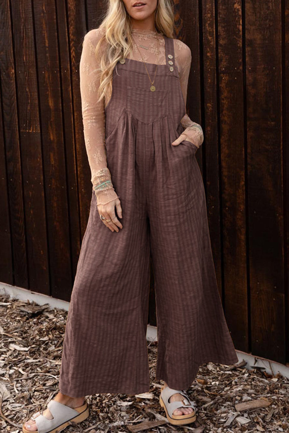 Brown Striped Pleated Wide Leg Pocketed Jumpsuit