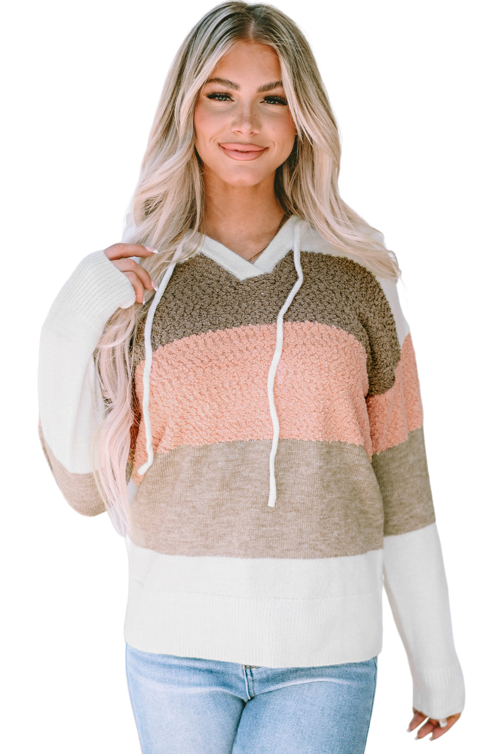 Color Block Knitted Drawstring Hooded Sweater