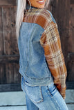 Medium Wash Plaid Sleeves Denim Jacket