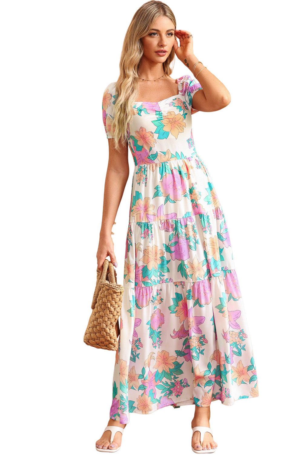 Robe longue multicolore à fleurs à plusieurs niveaux, col carré, manches bouffantes