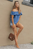 Off-the-shoulder Ruffled Denim Top