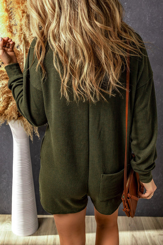 Dark Green Brushed Ribbed Button Split V Neck Long Sleeve Romper