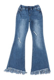 Frayed Tassel Hem Elastic Waist Flared Jeans