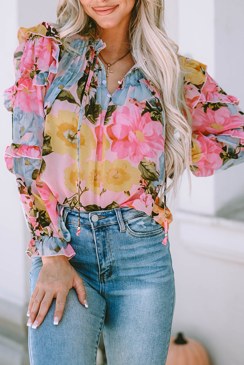 Pink Floral Print Tiered Ruffled Long Sleeve Blouse