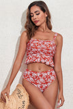 Maillot de bain bikini 2 pièces à imprimé floral délicat et bordure à volants