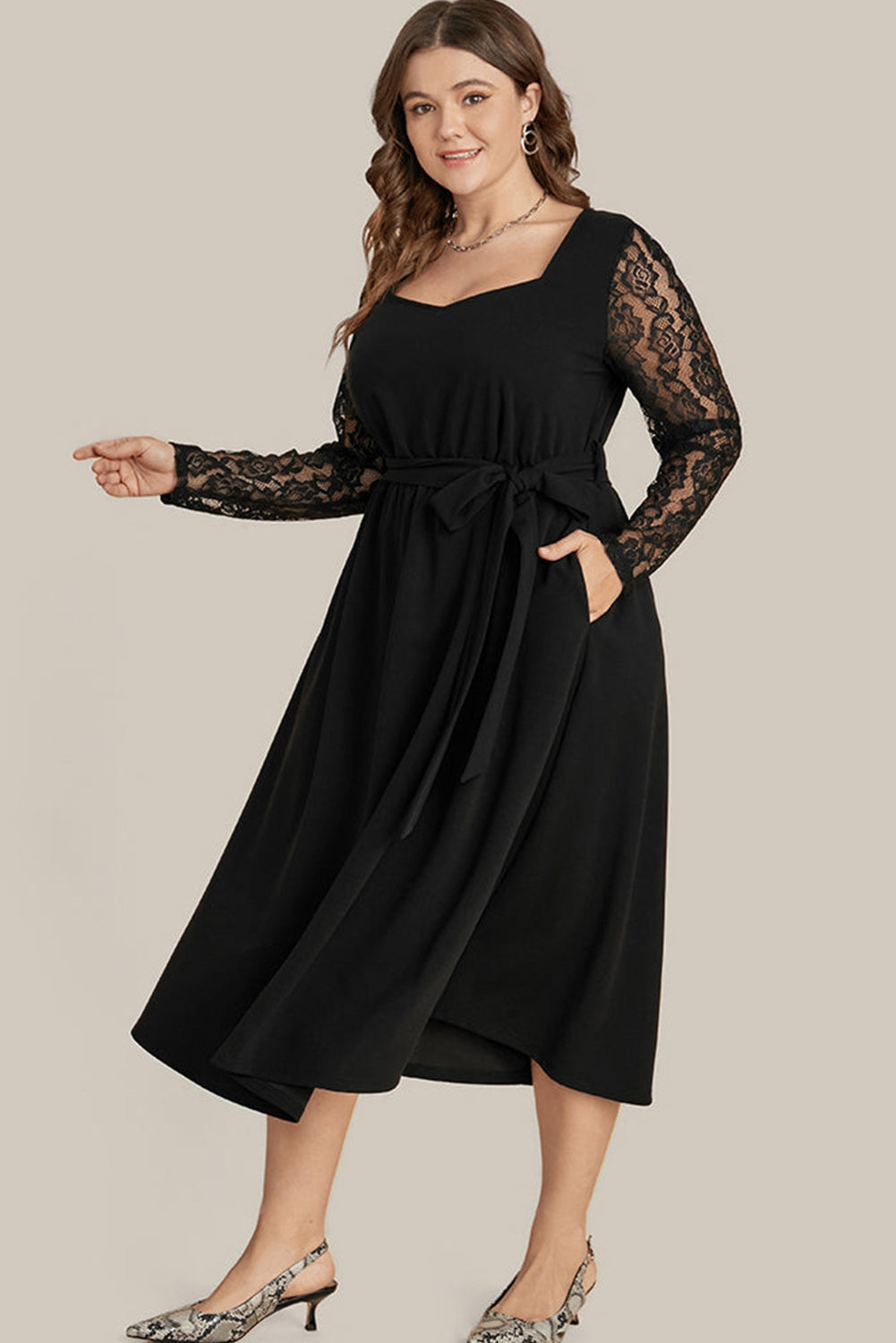 Plus Size Sheer Lace Sleeve Belted Ruffle Midi Dress