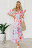 Tropical Floral Print Ruched V Neck Maxi Dress