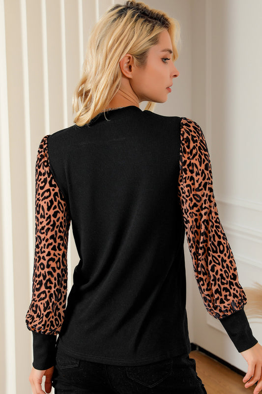 Black Leopard Print Long Sleeve Ribbed Knit Blouse