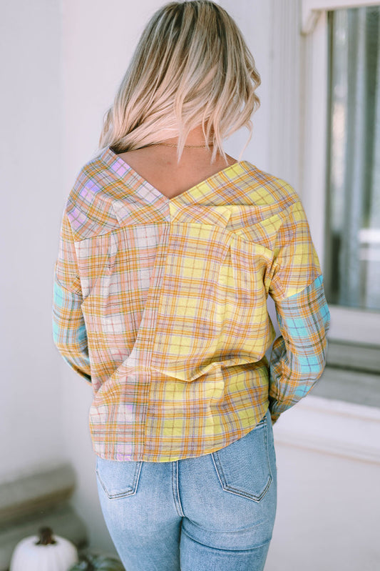 Mixed Plaid Long Sleeve V Neck Buttoned Shirt