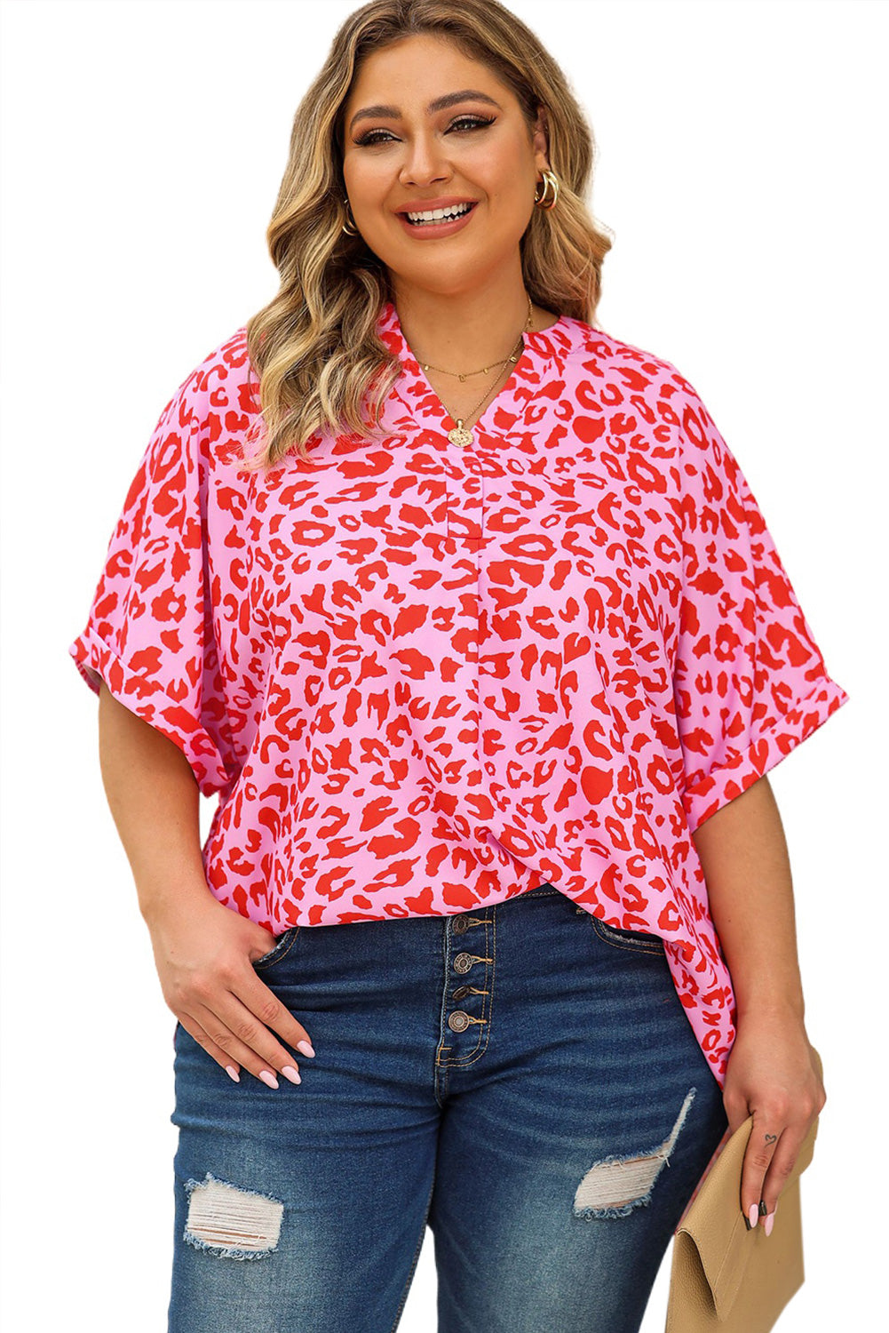 Leopard Print V Neck Half Sleeve Plus Size Blouse