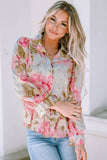 Pink Floral Print Tiered Ruffled Long Sleeve Blouse