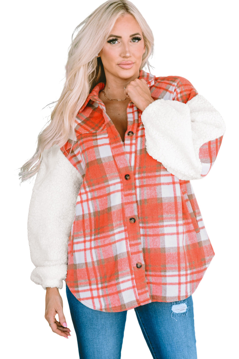 Sherpa Sleeve Plaid Print Shacket