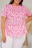 Leopard Print Textured Knit Short Sleeve Plus Size T Shirt