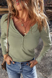 Laurel Green Long Sleeve Buttons V Neck Slim Fit Top