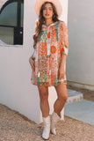 Orange Boho Paisley Mixed Print 3/4 Sleeve Chiffon Loose Dress