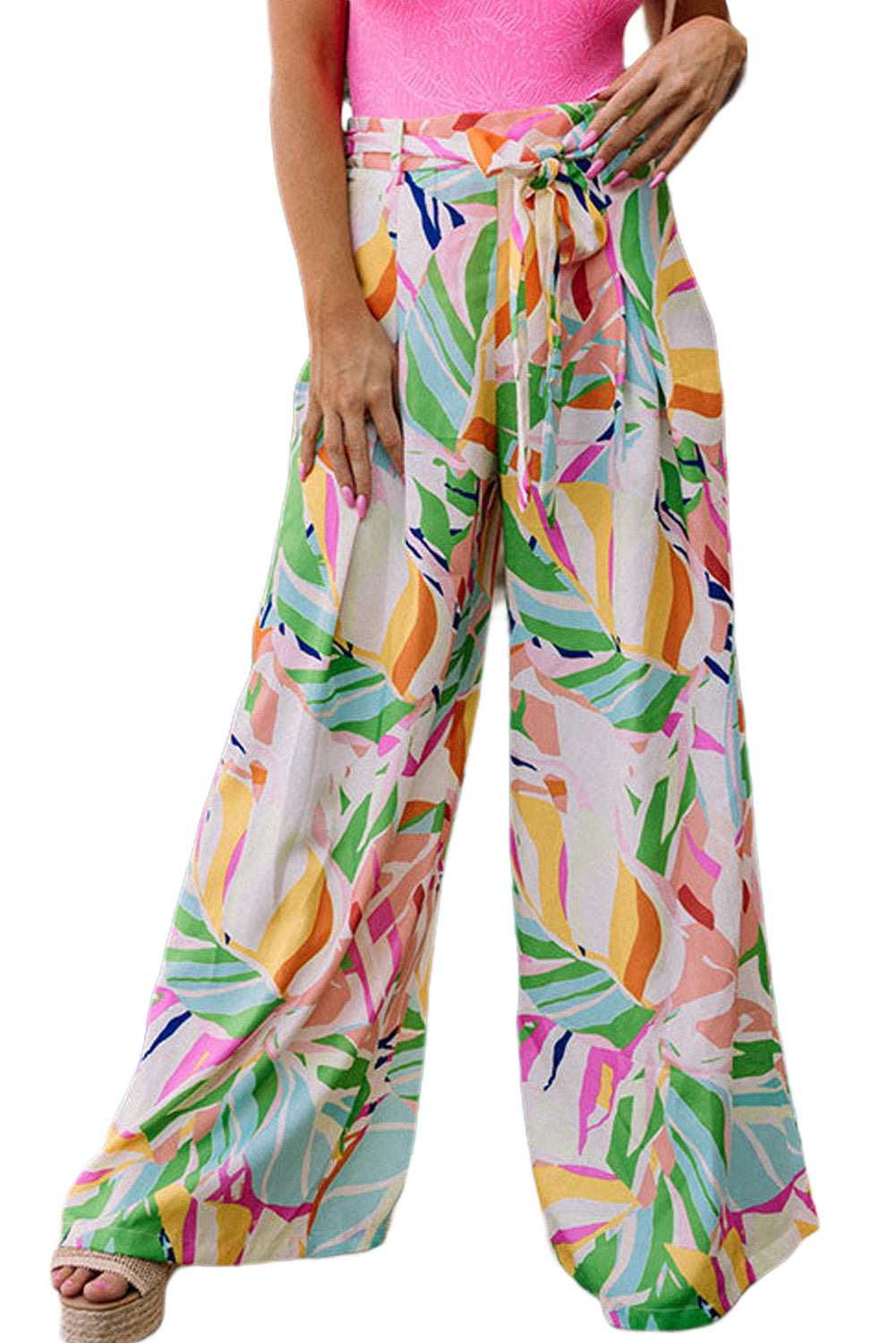 Tropical Leafy Print Belted Wide Leg Pants