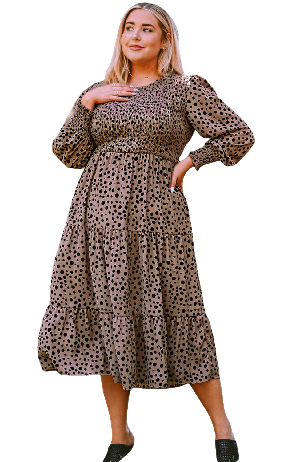 Plus Size Leopard Print Smocked Tiered Dress