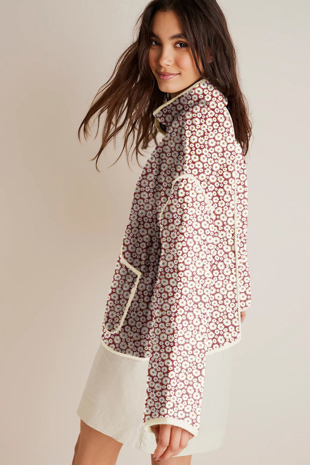 Pink Floral Print Contrast Edge Pocketed Stand Neck Jacket