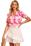 Split Neck Ruffled Puff Sleeves Floral Top