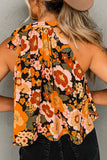 Orange Floral Print Knotted Halter Neck Sleeveless Top