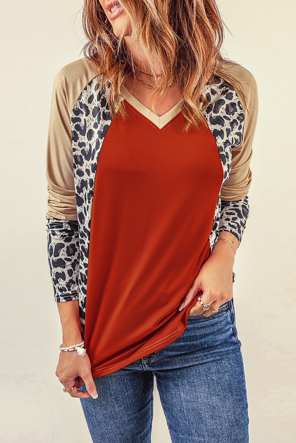 Colorblock Leopard V Neck Long Sleeve Top