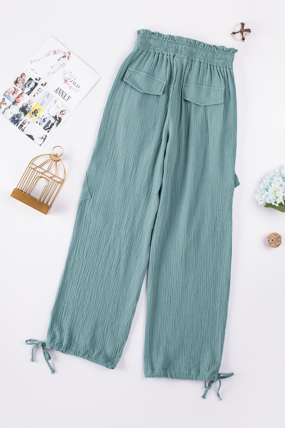 Frill Drawstring Waist Crinkle Cargo Pants