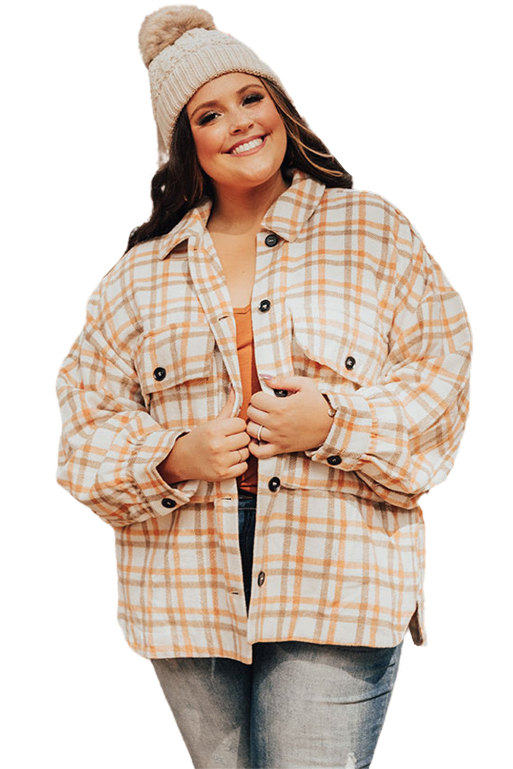 Plus Size Plaid Jacket with Flap Pockets