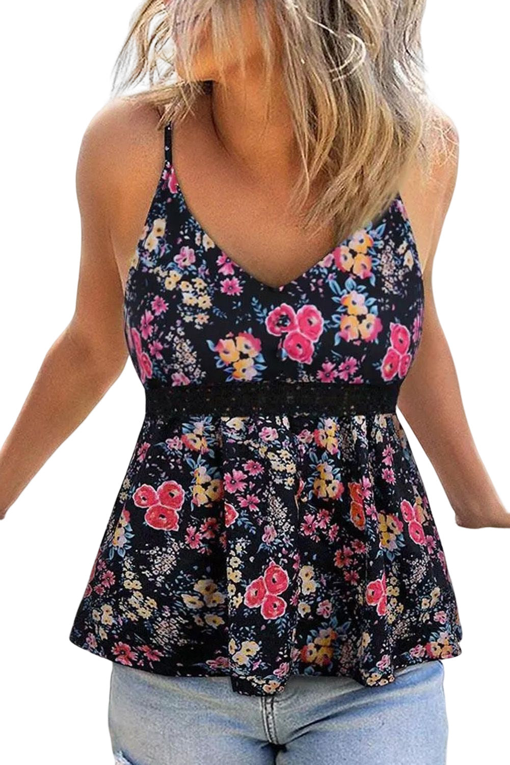 Lace Contrast Floral Peplum Tank Top