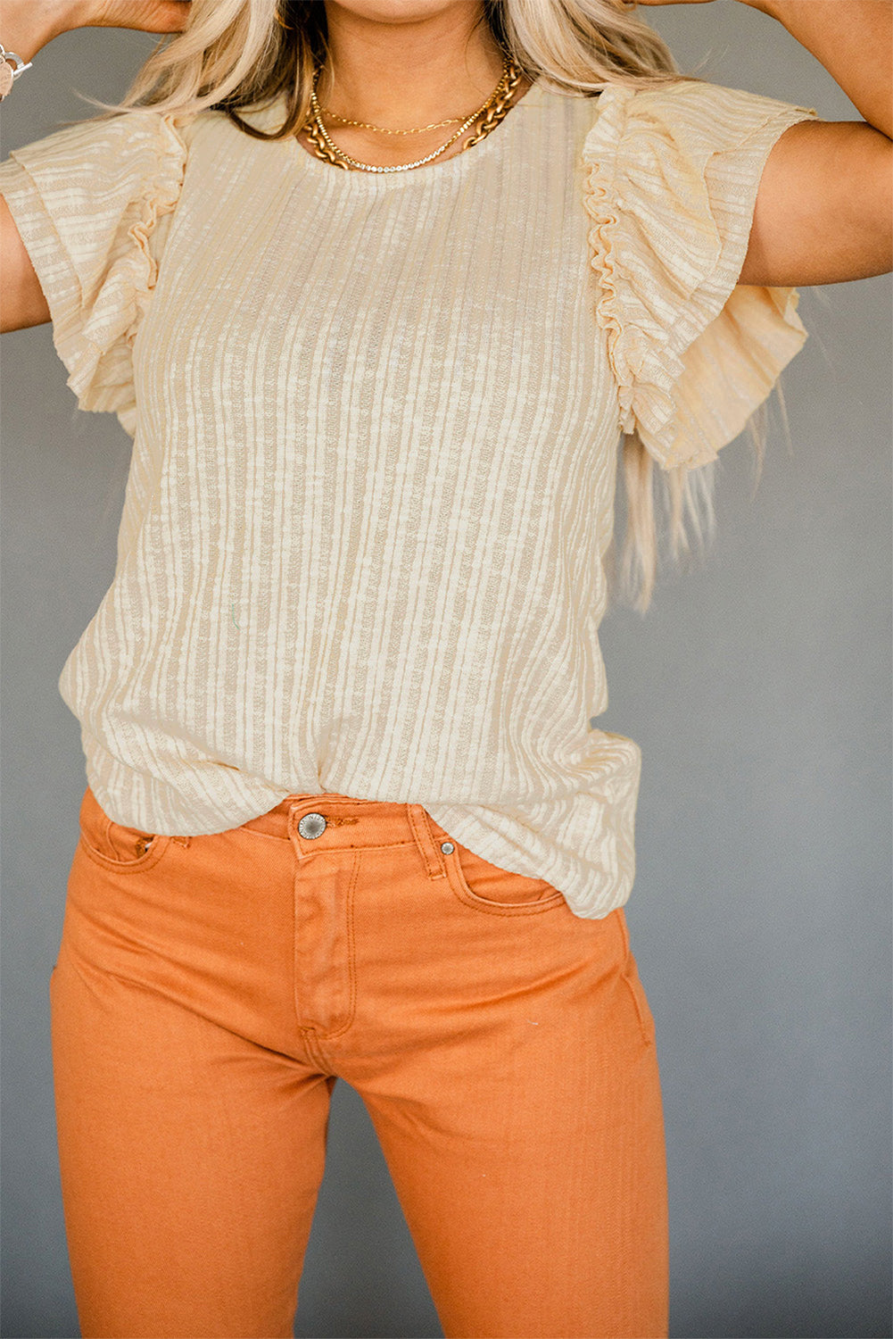 Beige Ruffled Rib Knitted Short Sleeve T Shirt