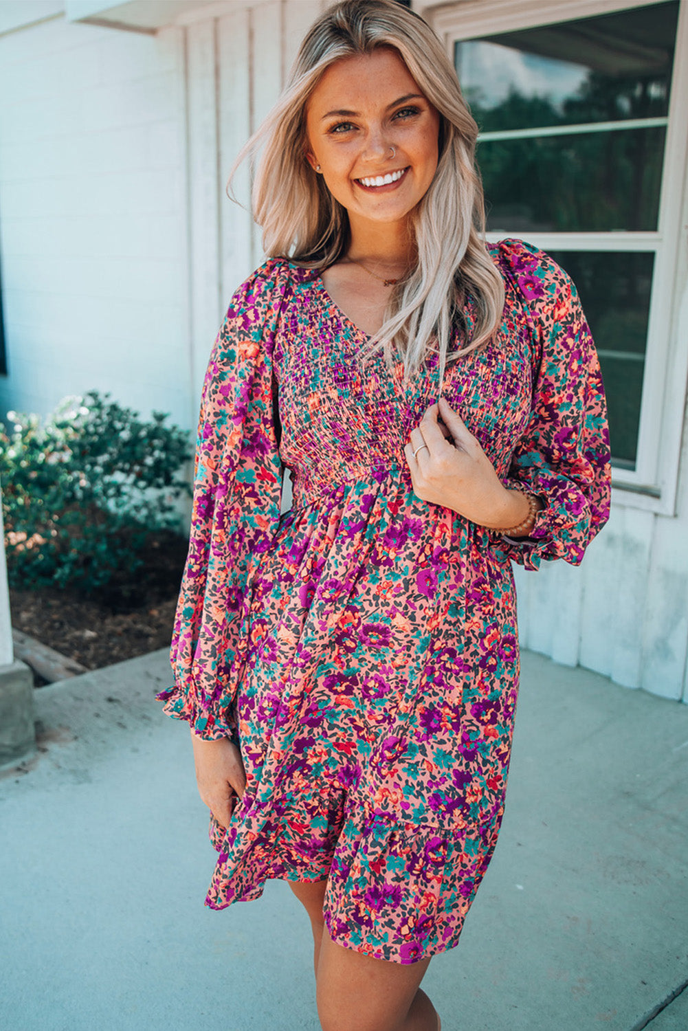 Smocked V Neck Puffy Sleeve Floral Dress