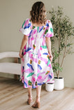 Purple Abstract Print Puff Sleeve Smocked Back Midi Dress