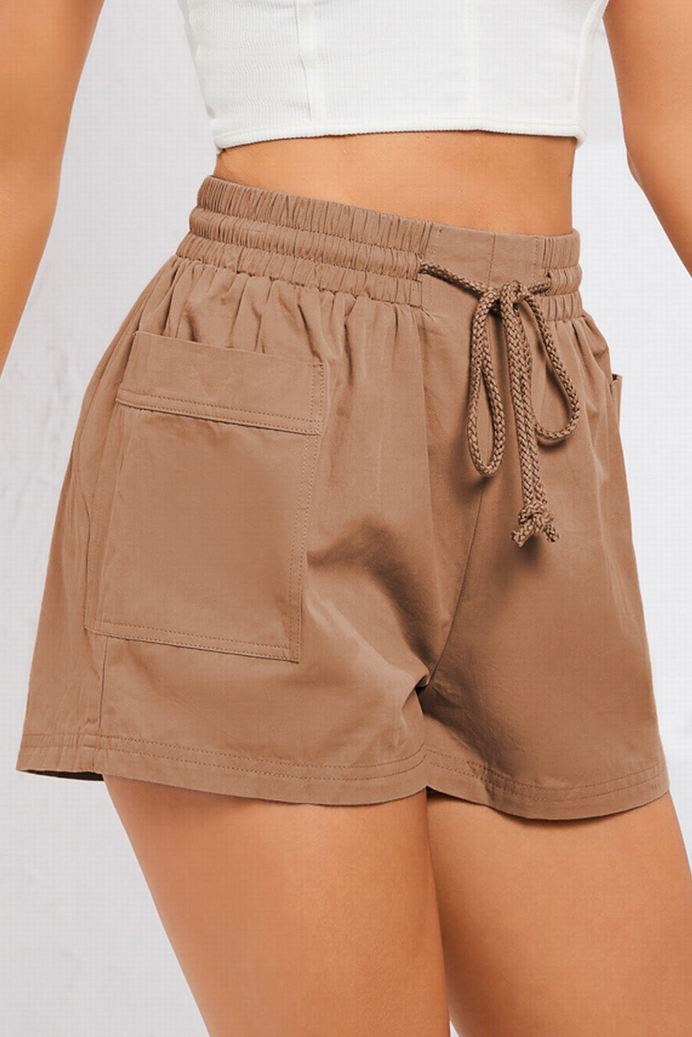 Shirred Waistband Drawstring Casual Shorts with Pockets