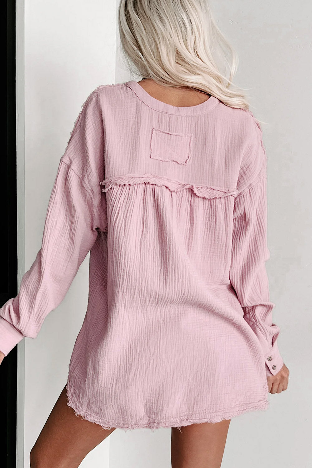 Pink Crinkle Long Sleeve Distressed Split Henley Top