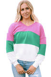 Ribbed V Neck Color Block Patchwork Sweatshirt