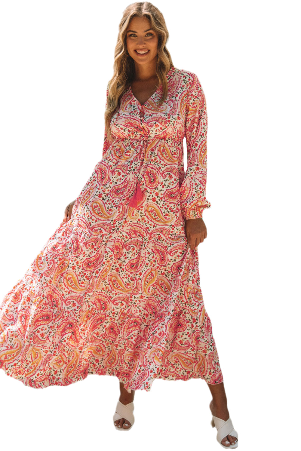 Boho Holiday Paisley Print Tiered Long Sleeve Maxi Dress