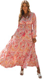 Boho Holiday Paisley Print Tiered Long Sleeve Maxi Dress