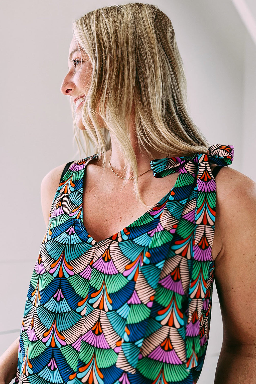 Printed Knotted Shoulder Tank Top