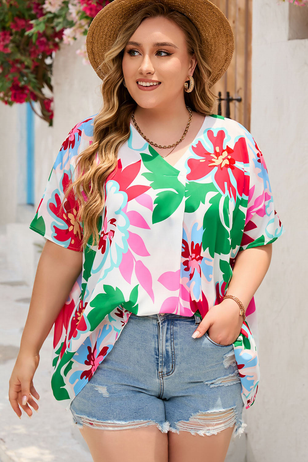 Floral Print Faux Wrap Plus Size Blouse