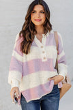 Striped Knit Button Ribbed Split Neck Sweater