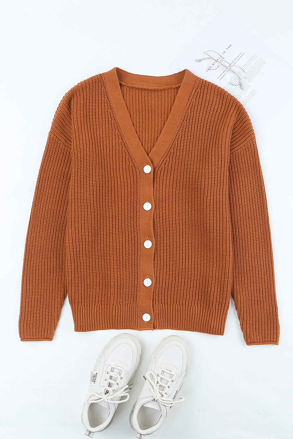 V Neck Drop Shoulder Buttons Cardigan