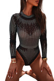 Rhinestone Sheer Mesh Long Sleeve Bodysuit