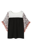 Waffle Knit Animal Print Ruffle Sleeves Plus Size Top