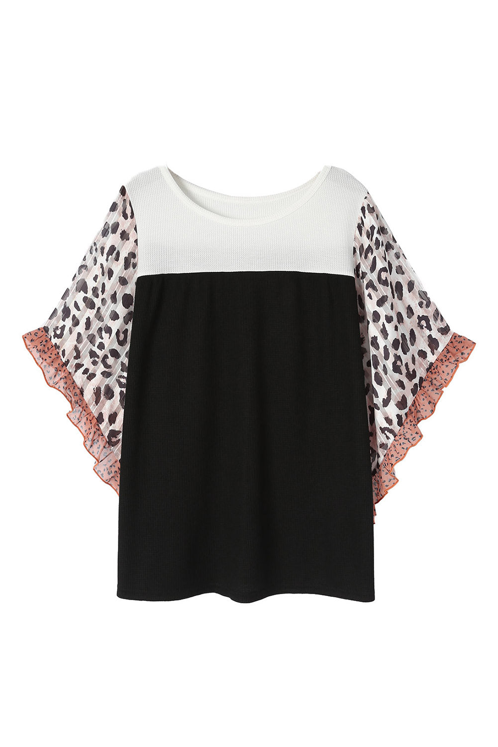 Black Waffle Knit Animal Print Ruffle Sleeves Plus Size Top