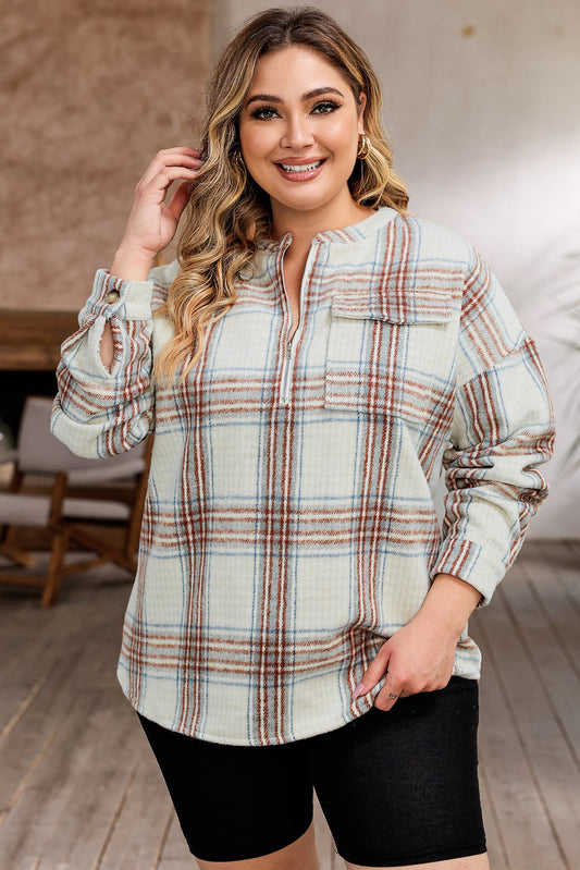 Plus Size Plaid Half-Zipper Sweatshirt with Chest Pocket